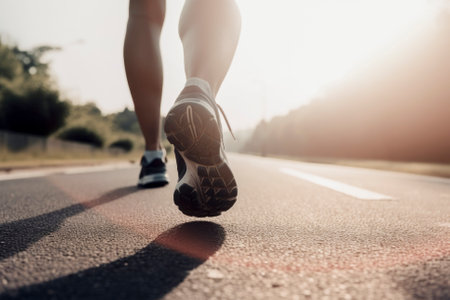 Closeup of runner shaved feet in running shoes going for a run on the road at sunrise or sunset. Generative aiの素材