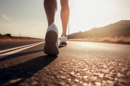 Closeup of runner shaved feet in running shoes going for a run on the road at sunrise or sunset. Generative aiの素材
