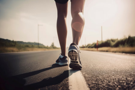 Closeup of runner shaved feet in running shoes going for a run on the road at sunrise or sunset. Generative aiの素材