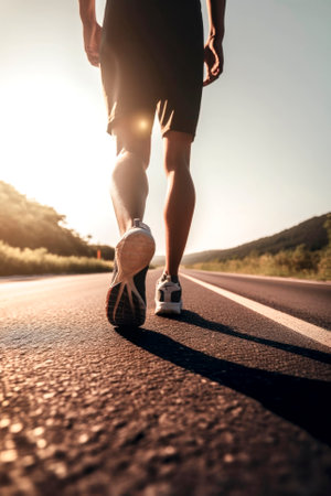 Closeup of runner shaved feet in running shoes going for a run on the road at sunrise or sunset. Generative aiの素材