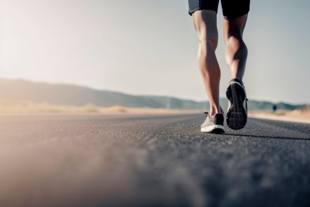 Closeup of runner shaved feet in running shoes going for a run on the road at sunrise or sunset. Generative aiの素材