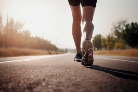 Closeup of runner shaved feet in running shoes going for a run on the road at sunrise or sunset. Generative aiの素材