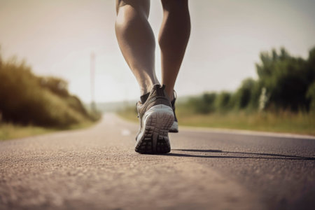 Closeup of runner shaved feet in running shoes going for a run on the road at sunrise or sunset. Generative aiの素材