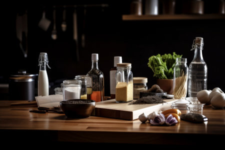 kitchen background at home, with full detail of utensils, generative ai.の素材