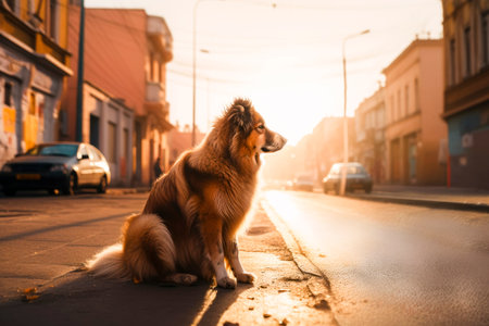 A pet dog on the street. Generative AI.の素材