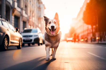 A pet dog on the street. Generative AI.の素材