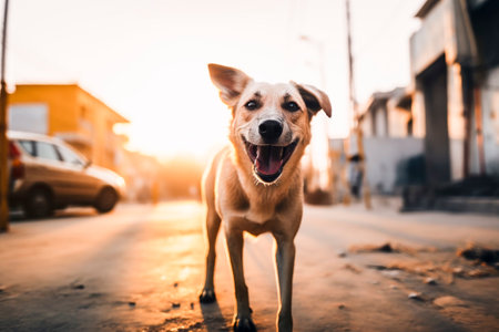 A pet dog on the street. Generative AI.の素材