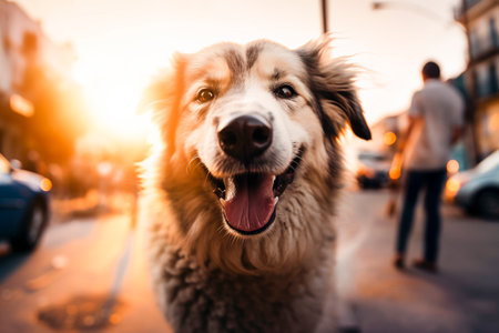 A pet dog on the street. Generative AI.の素材