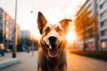 A pet dog on the street. Generative AI.の素材