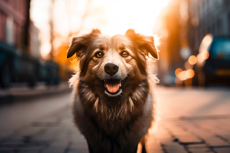 A pet dog on the street. Generative AI.の素材