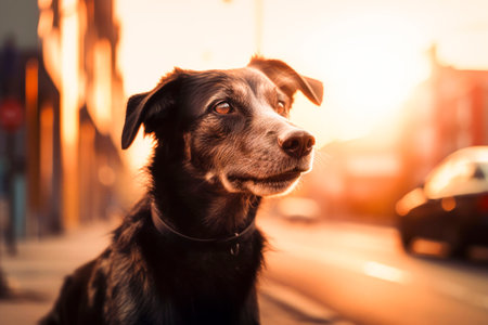A pet dog on the street. Generative AI.の素材