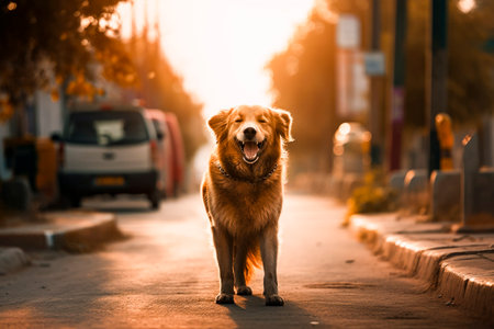 A pet dog on the street. Generative AI.の素材