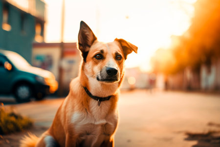 A pet dog on the street. Generative AI.の素材