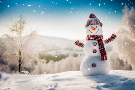 Merry christmas and happy new year greeting card with copy-space. Happy snowman standing in christmas landscape. Snow background. Winter fairytale.の素材
