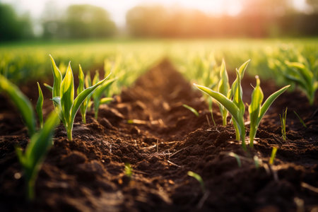 Agriculture and plant growth sequence with morning sunlight and dark green blur background.の素材