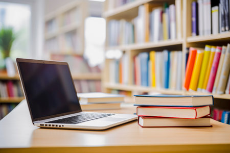 Laptop with books placed on desk in library, education conceptの素材