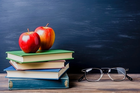 School supplies are on the table. Books and apples is a collection of the student. The concept of school and educationの素材