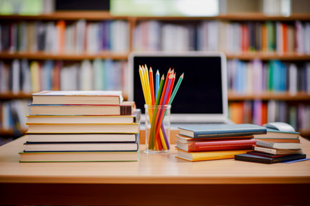 Laptop with books placed on desk in library, education conceptの素材