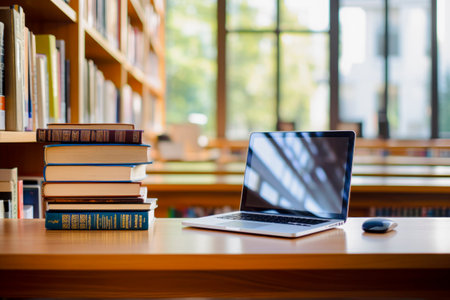 Laptop with books placed on desk in library, education conceptの素材
