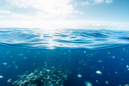Plastic human waste including plastics bags floating in the open ocean.の素材