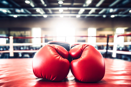 A pair of red boxing gloves is placed on the boxing ring.の素材