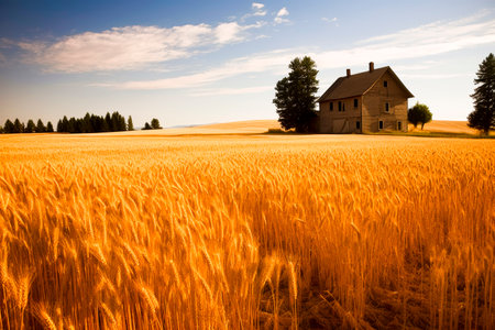 scenic dirt road leading to a rustic barn surrounded by golden wheat fieldsの素材