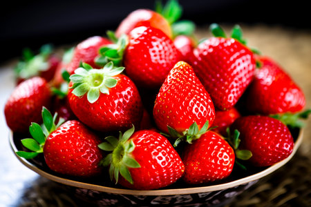 bowl of fresh strawberries on a rustic wooden tableï¼closeup strawberryの素材