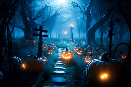 Pumpkins in the spooky forest in the moonlight. Halloween background. Generative AIの素材
