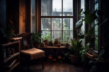 Photo of a vibrant window sill garden with potted plants in front of a window . Generative AIの素材