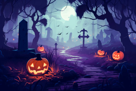 Pumpkins in the spooky forest in the moonlight. Halloween background. Generative AIの素材