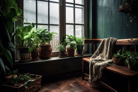 Photo of a vibrant window sill garden with potted plants in front of a window . Generative AIの素材