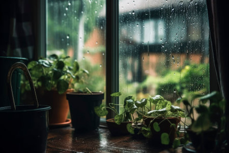 A window sill filled with potted plants next to a window. Generative AIの素材
