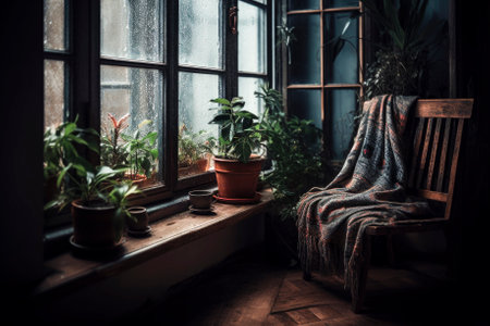 Photo of a vibrant window sill garden with potted plants in front of a window . Generative AIの素材