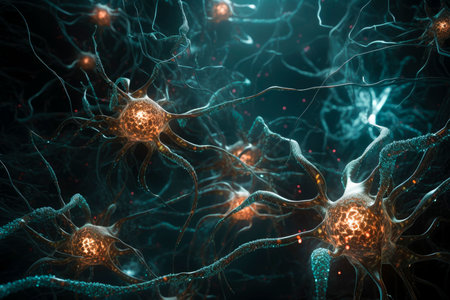 Conceptual illustration of neuron cells, close-up. AI generatedの素材