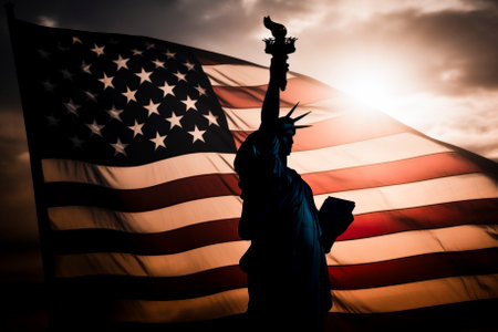the American Flag waving in front of a clear sky , Generative AIの素材