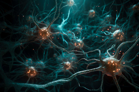 Conceptual illustration of neuron cells, close-up. AI generatedの素材