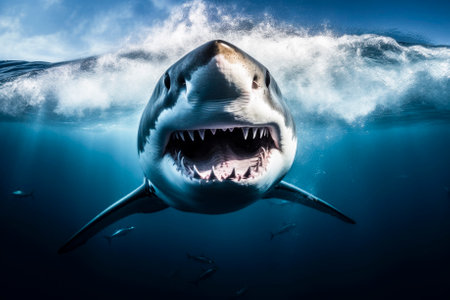 Great White Shark with its Jaws Wide Open in the Ocea, Generative AIの素材