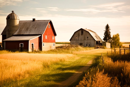 scenic dirt road leading to a rustic barn surrounded by golden wheat fieldsの素材
