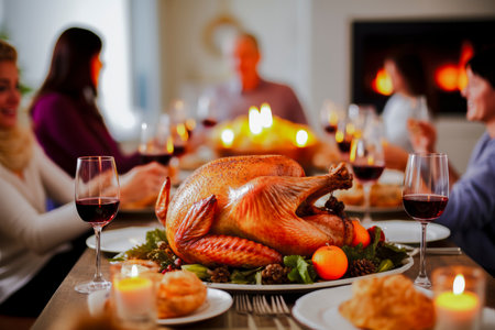 Thanksgiving, family gathering for a dinner that includes roast turkey, stuffing, vegetables, sauces, and various desserts.の素材