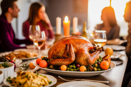 Thanksgiving, family gathering for a dinner that includes roast turkey, stuffing, vegetables, sauces, and various desserts.の素材