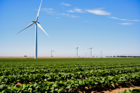 view of wind turbines and agriculture fieldの素材