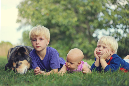 Three young children are bored and hanging out outside in the grass next to their German Shepherd dog on a summer day.  VIntage style color.の写真素材