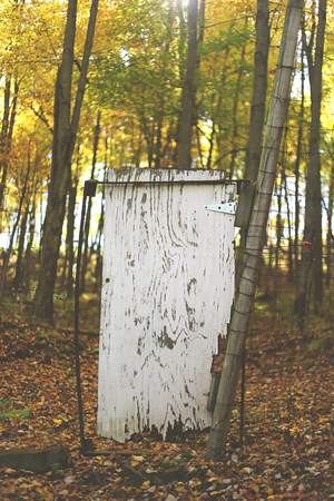 Vintage style photograph of a creepy old door on a fence in the woods on an Autumn dayの写真素材