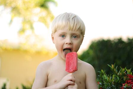 A young boy child is outside by palm trees on a summer day eating a red strawberry fruit popsicle for a treat.の写真素材