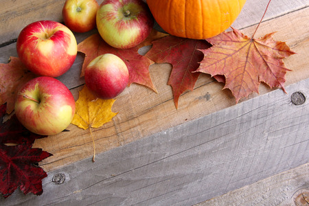 Red Apples and Fall Sugar Maple Leaves are framing the corner of a rustic wood plank background.