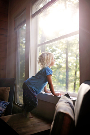 A little kid is looking out a window at the woods on a sunny morning.の写真素材