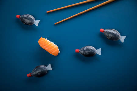 Japanese salmon nigiri sushi with soy sauce and wooden chopsticksの写真素材