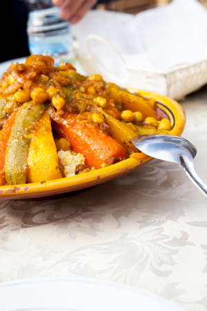 Vegetarian chickpeas tagine with vegetables in Marrakech Moroccoの写真素材