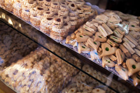 Moroccan pastries, cookies and biscuits of bakery display on Marrakech Morocco marketの写真素材