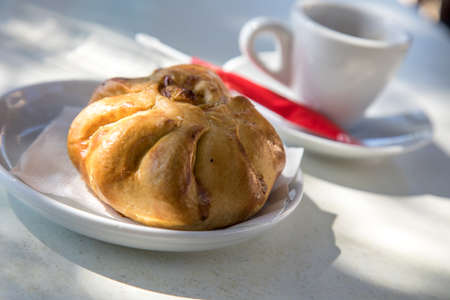 Traditional Maltese Qassata with spinach cheese filling in street cafe on Maltaの写真素材